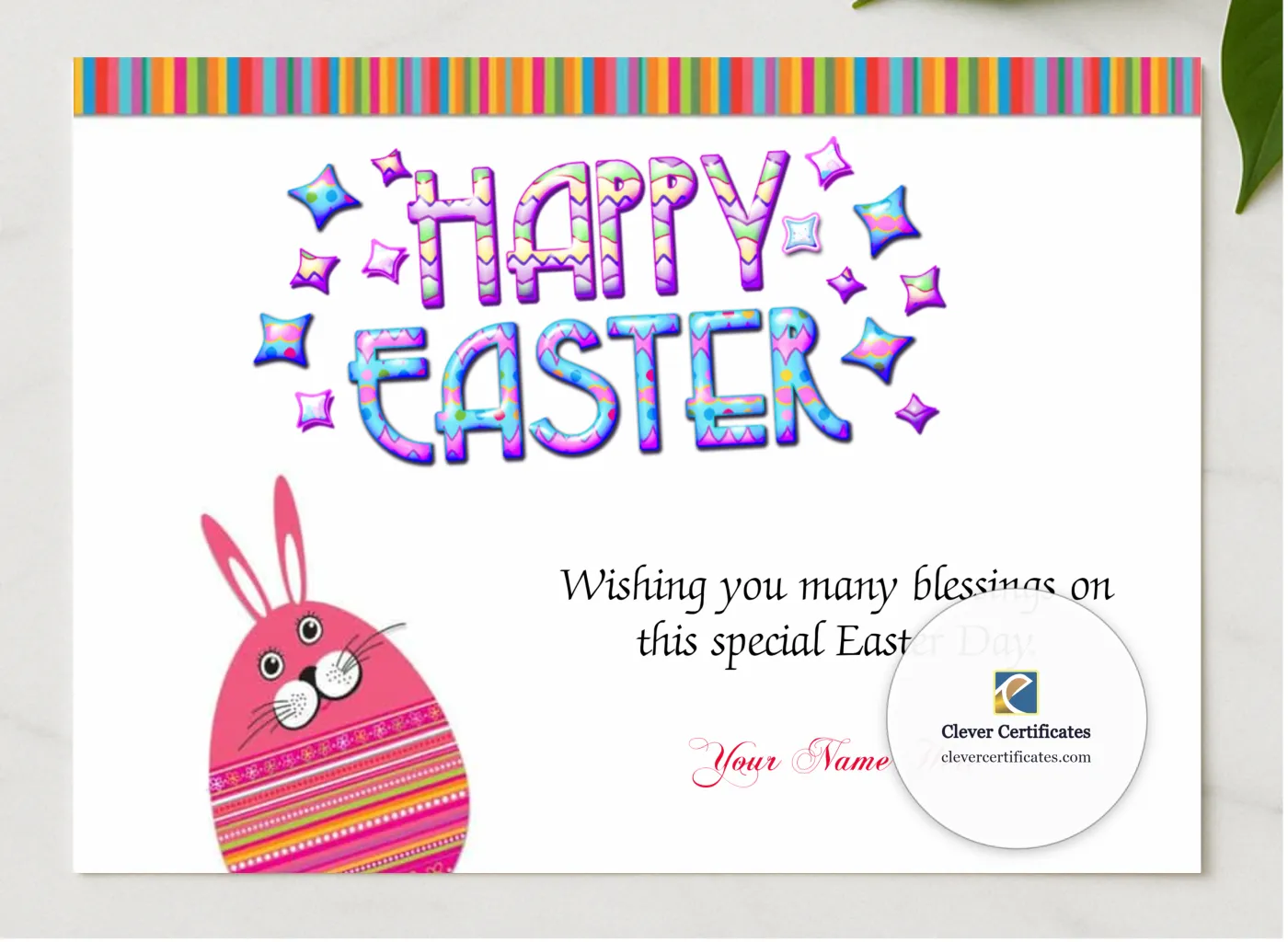 Happy Easter Certificate presented in a sleek wooden frame, elegantly arranged on a stylish table.