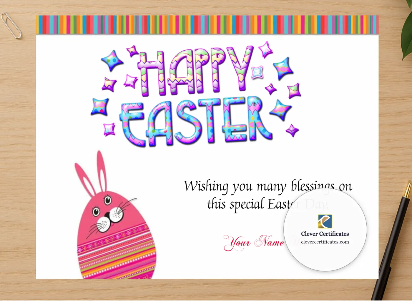 Professional preview of Happy Easter Certificate certificate on high-quality stationery paper, ideal for showcasing the final look.