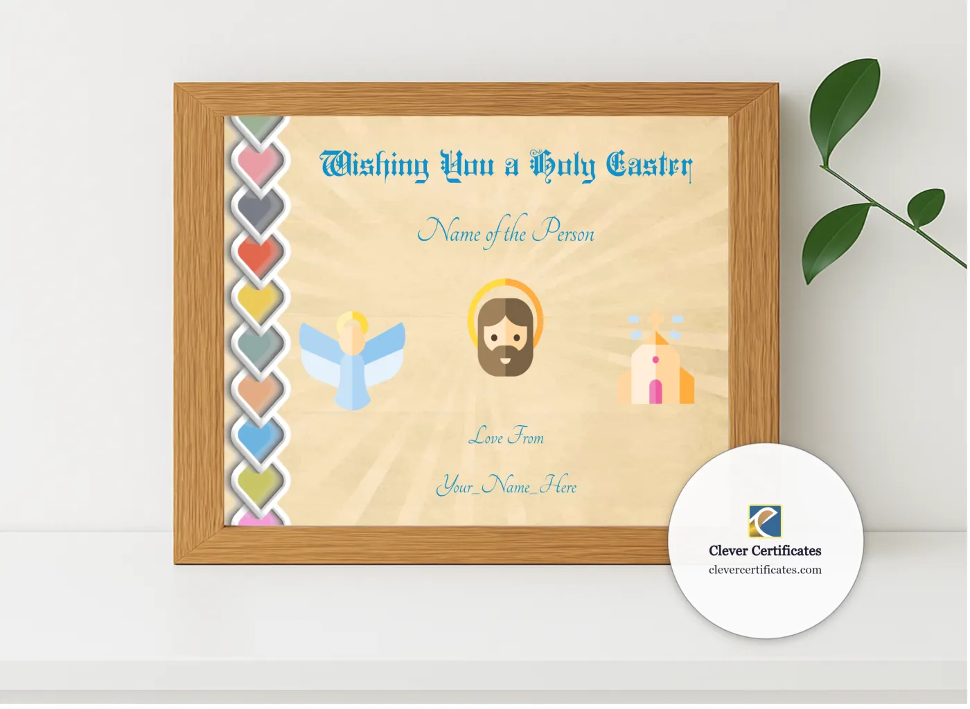 Realistic mockup featuring Holy Easter Certificate displayed within a modern frame, set against a minimalistic background.