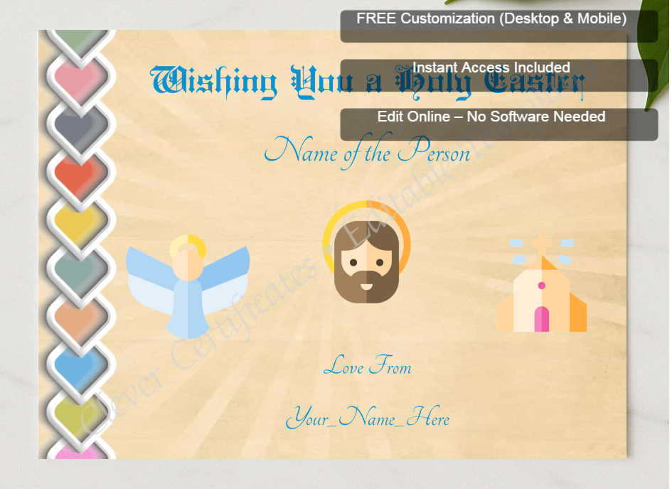 Framed preview featuring Free Editor badge stack for Holy Easter Certificate