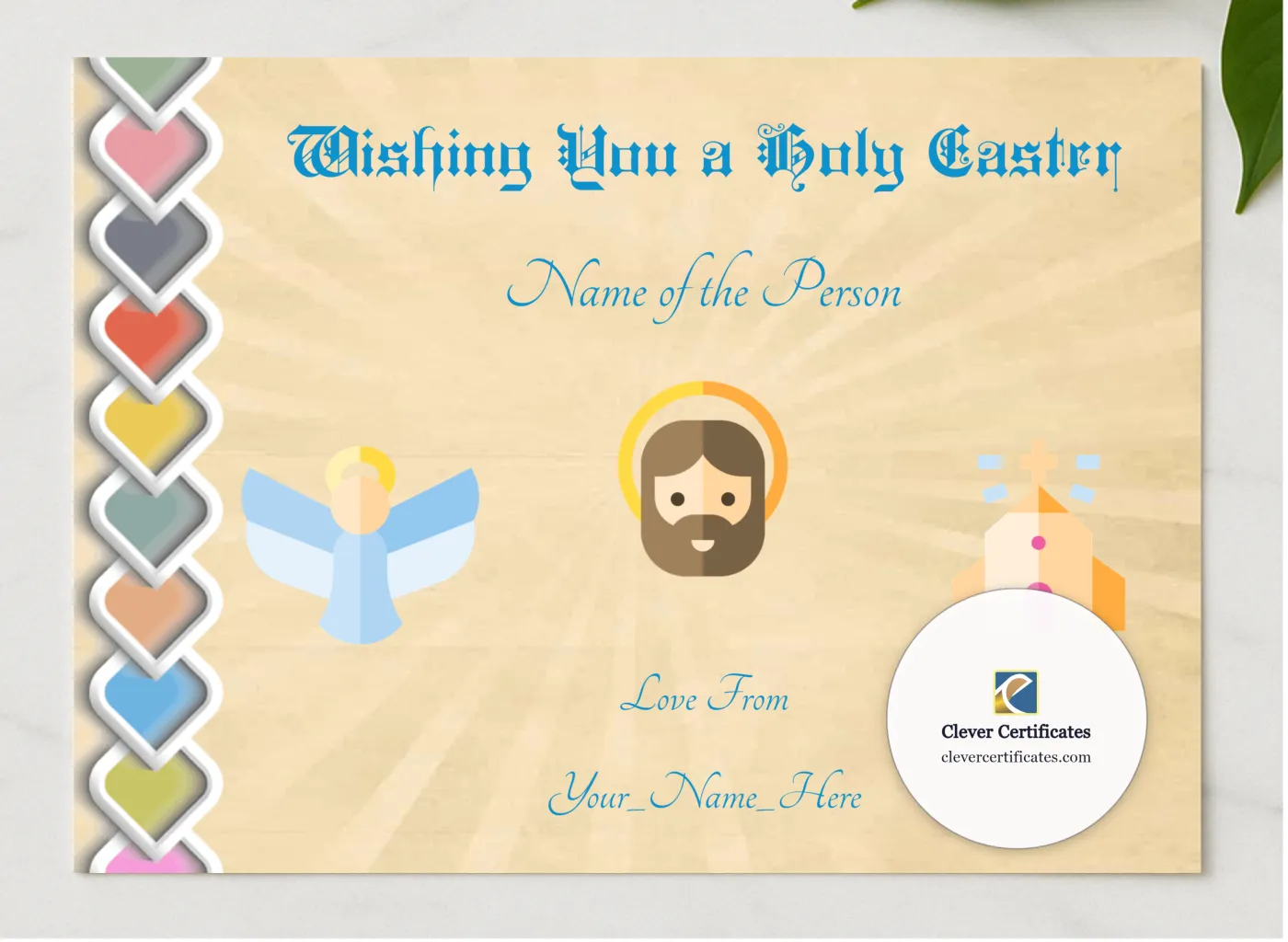 Holy Easter Certificate presented in a sleek wooden frame, elegantly arranged on a stylish table.