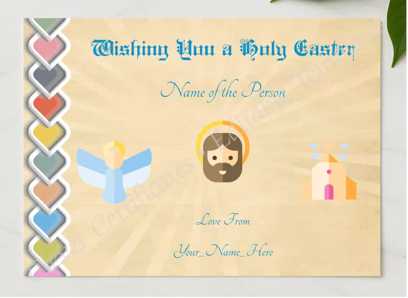 Holy Easter Certificate presented in a sleek wooden frame, elegantly arranged on a stylish table.