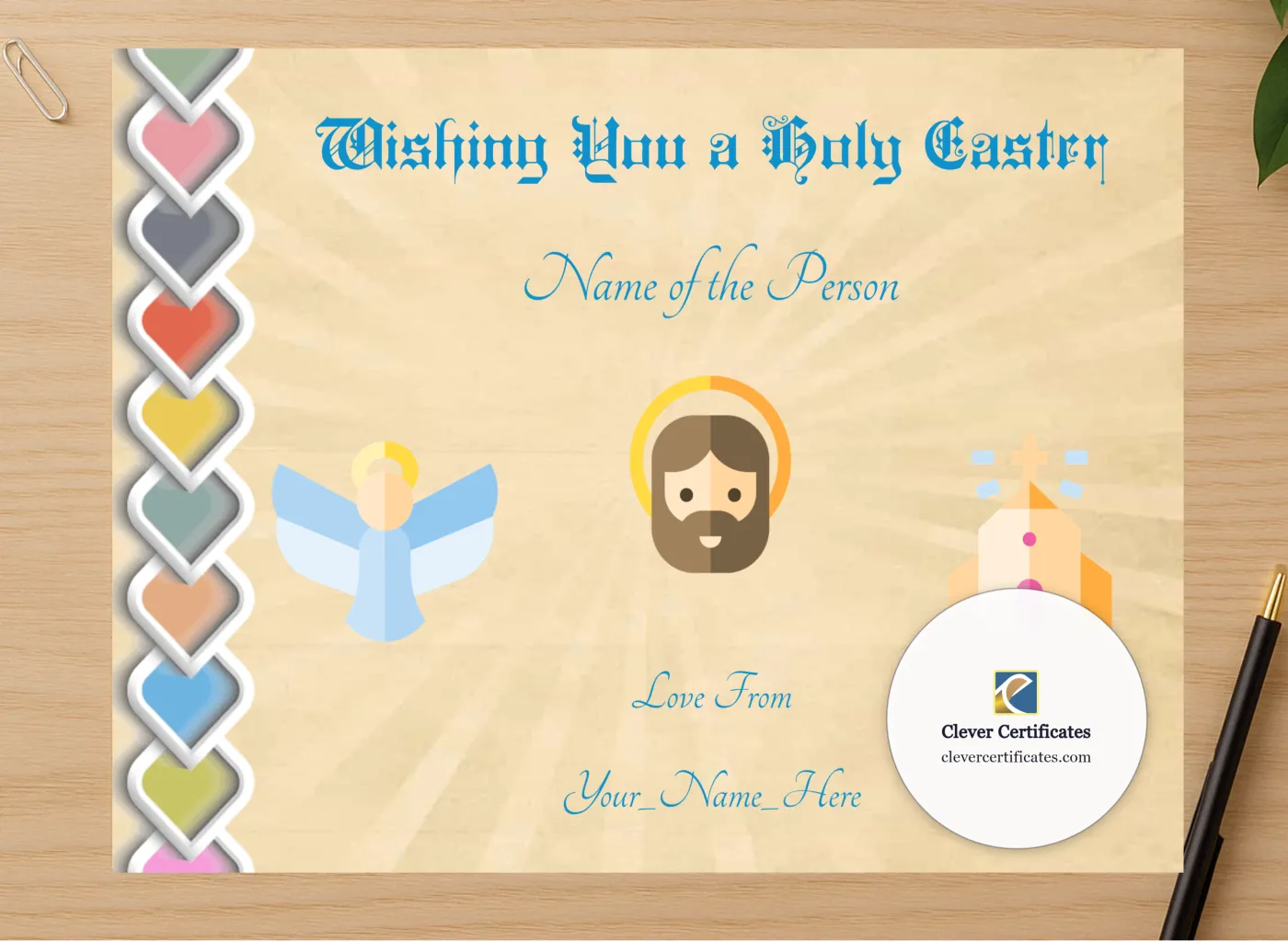 Professional preview of Holy Easter Certificate certificate on high-quality stationery paper, ideal for showcasing the final look.