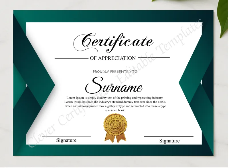 Certificate Design presented in a sleek wooden frame, elegantly arranged on a stylish table.