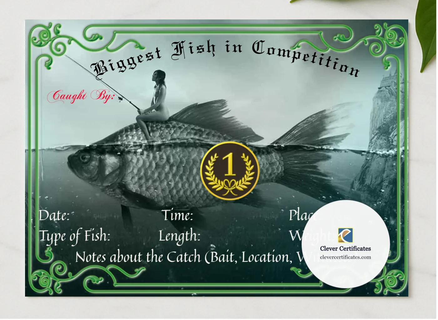 Biggest Fish In Competition presented in a sleek wooden frame, elegantly arranged on a stylish table.
