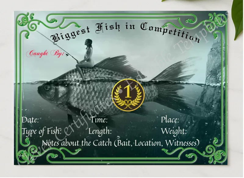 Biggest Fish In Competition presented in a sleek wooden frame, elegantly arranged on a stylish table.