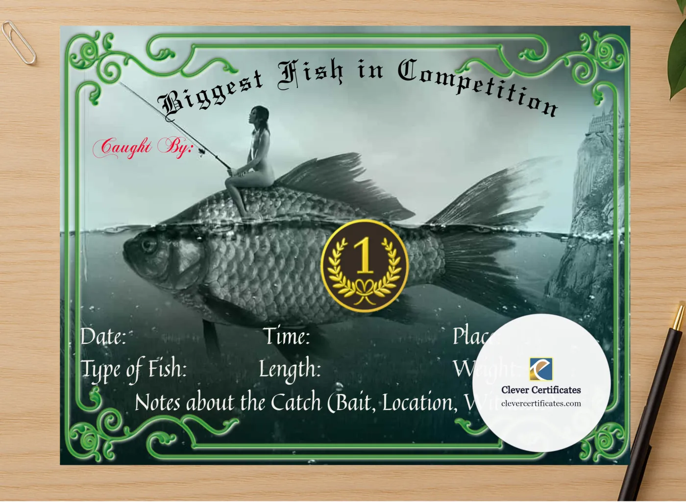 Professional preview of Biggest Fish In Competition certificate on high-quality stationery paper, ideal for showcasing the final look.