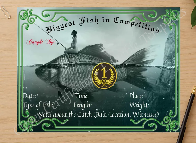 Professional preview of Biggest Fish In Competition certificate on high-quality stationery paper, ideal for showcasing the final look.