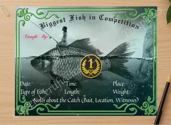 Professional preview of Biggest Fish In Competition certificate on high-quality stationery paper, ideal for showcasing the final look.