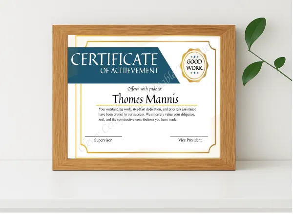 Realistic mockup featuring Editable Certificate Of Achieivement displayed within a modern frame, set against a minimalistic background.