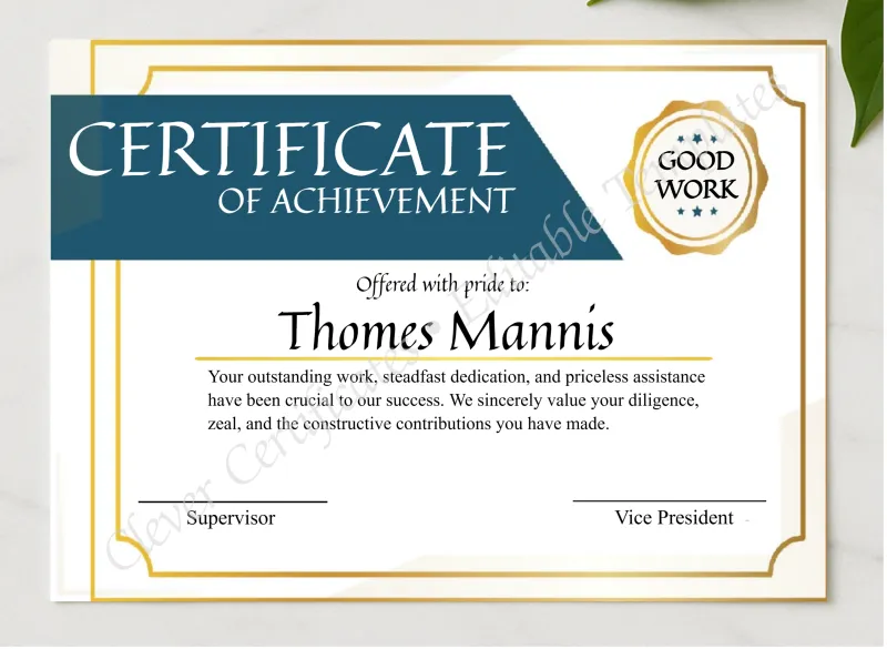 Editable Certificate Of Achieivement presented in a sleek wooden frame, elegantly arranged on a stylish table.