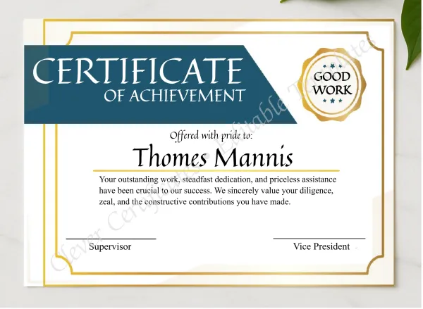 Editable Certificate Of Achieivement presented in a sleek wooden frame, elegantly arranged on a stylish table.