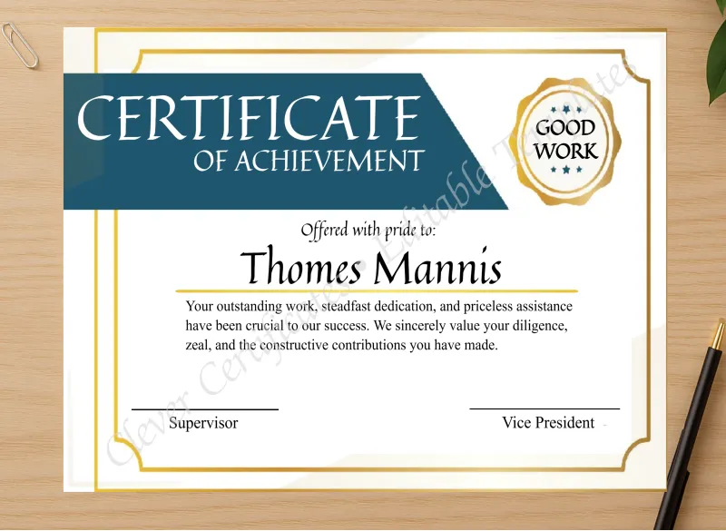 Professional preview of Editable Certificate Of Achieivement certificate on high-quality stationery paper, ideal for showcasing the final look.