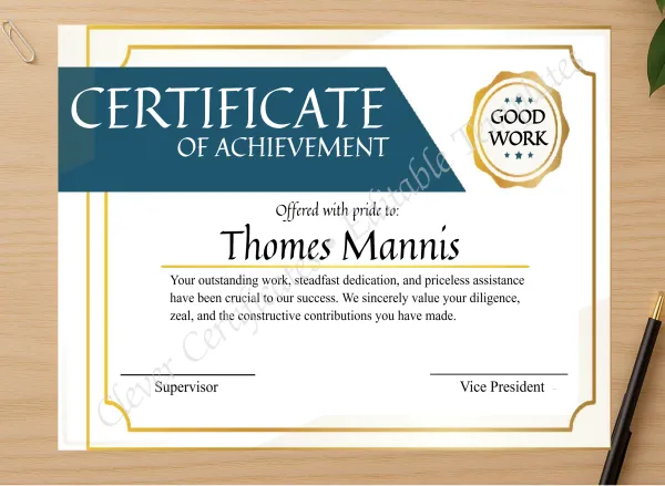 Professional preview of Editable Certificate Of Achieivement certificate on high-quality stationery paper, ideal for showcasing the final look.