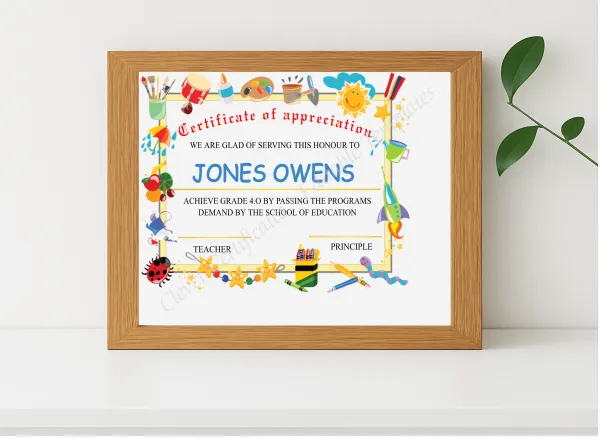 Realistic mockup featuring Editable Appreciation Certificate For Grade 4 displayed within a modern frame, set against a minimalistic background.