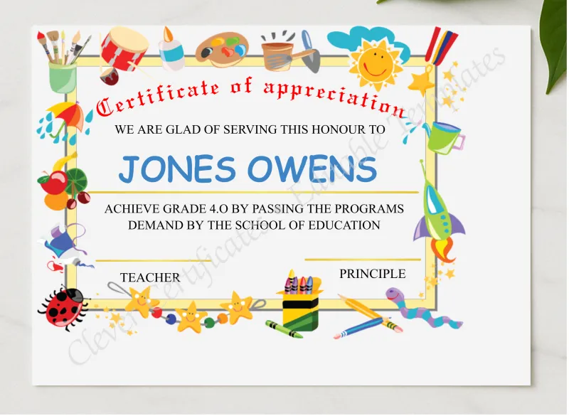 Editable Appreciation Certificate For Grade 4 presented in a sleek wooden frame, elegantly arranged on a stylish table.
