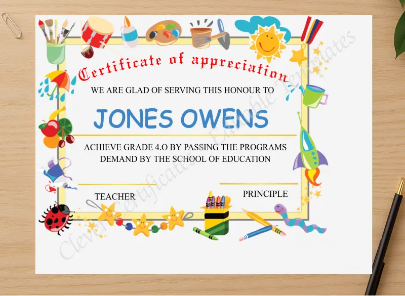 Professional preview of Editable Appreciation Certificate For Grade 4 certificate on high-quality stationery paper, ideal for showcasing the final look.