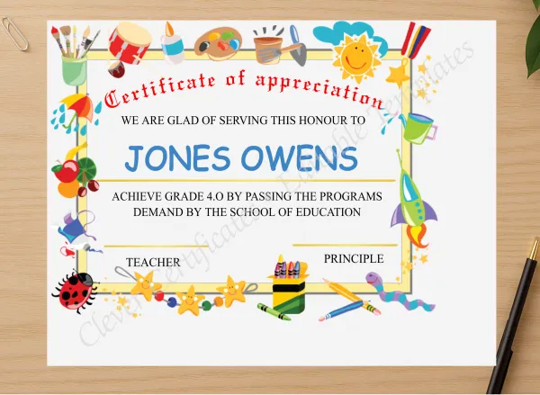 Professional preview of Editable Appreciation Certificate For Grade 4 certificate on high-quality stationery paper, ideal for showcasing the final look.