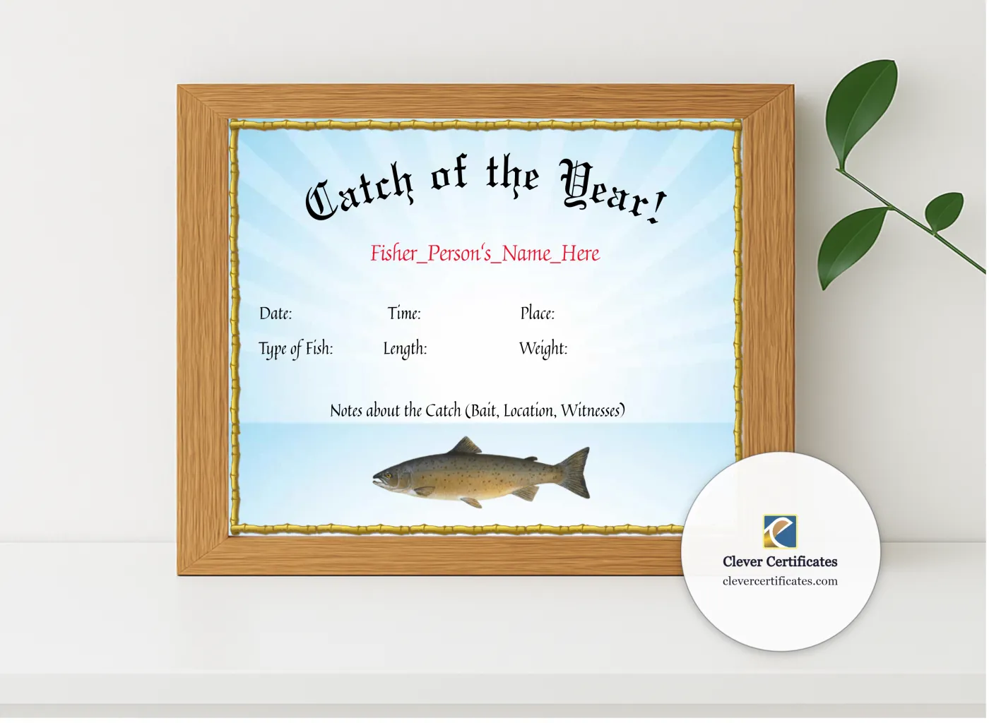Realistic mockup featuring Catch Of The Year Award displayed within a modern frame, set against a minimalistic background.