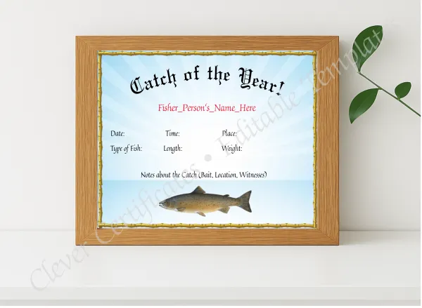 Realistic mockup featuring Catch Of The Year Award displayed within a modern frame, set against a minimalistic background.