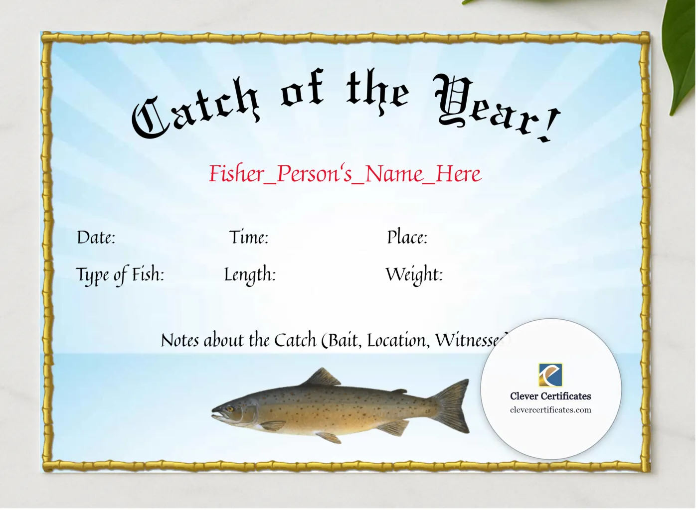 Catch Of The Year Award presented in a sleek wooden frame, elegantly arranged on a stylish table.