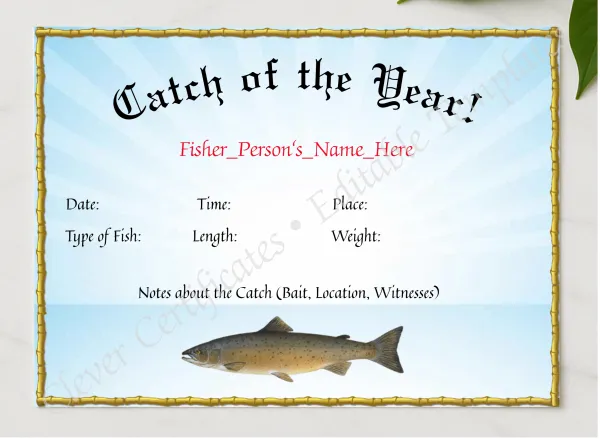 Catch Of The Year Award presented in a sleek wooden frame, elegantly arranged on a stylish table.