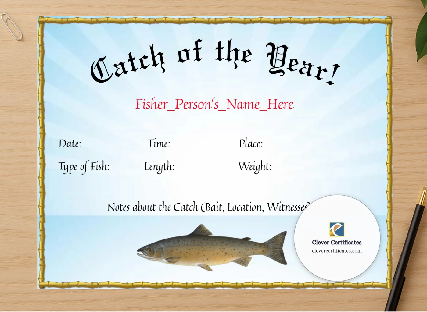 Professional preview of Catch Of The Year Award certificate on high-quality stationery paper, ideal for showcasing the final look.