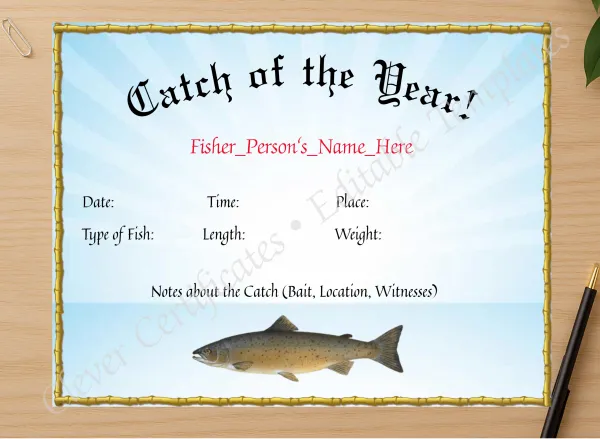 Professional preview of Catch Of The Year Award certificate on high-quality stationery paper, ideal for showcasing the final look.