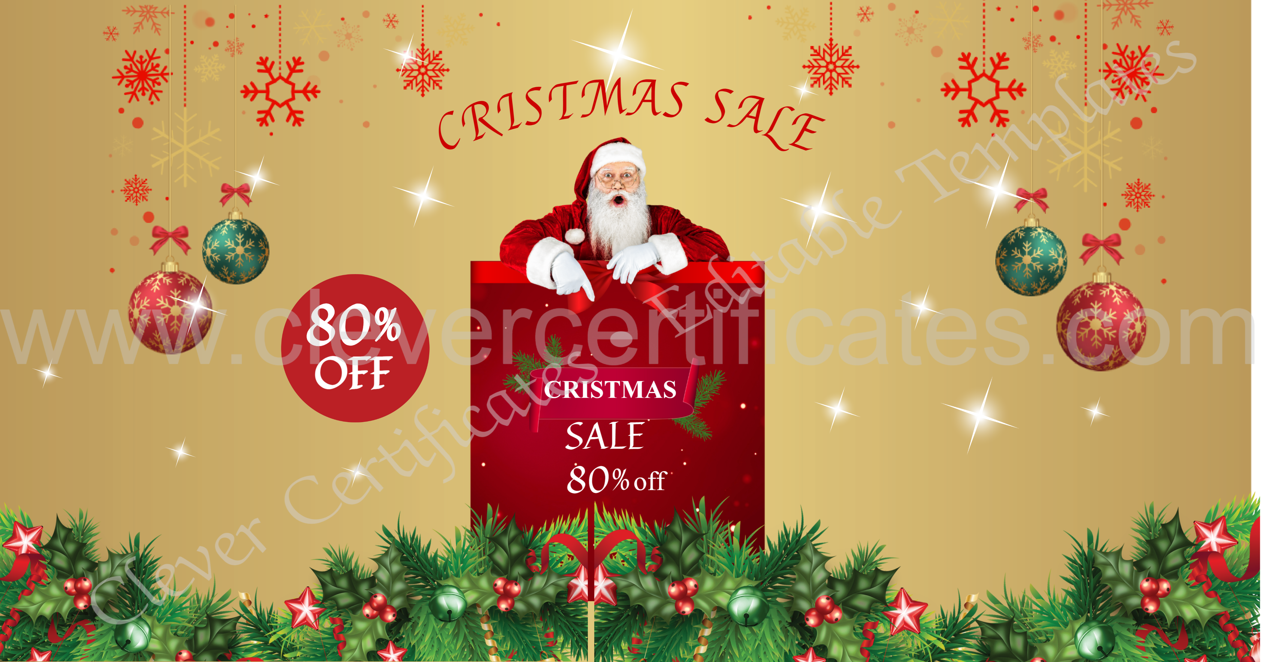 Editable Cristmas 80 percent Off Sale Facebook Banner — Certificate Template Preview