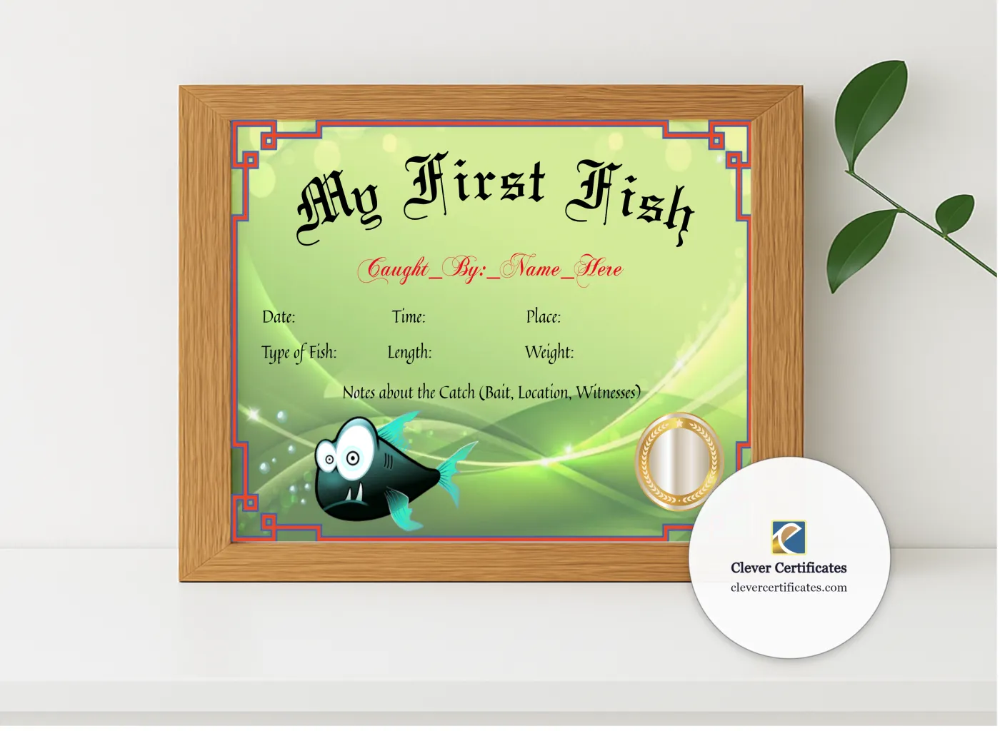 Realistic mockup featuring My First Fish Certificate displayed within a modern frame, set against a minimalistic background.