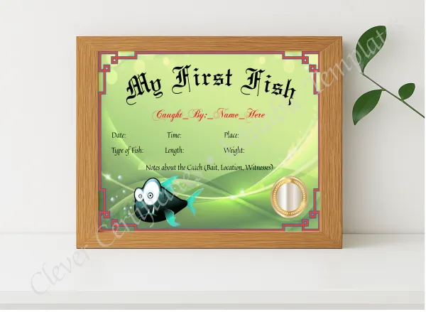 Realistic mockup featuring My First Fish Certificate displayed within a modern frame, set against a minimalistic background.