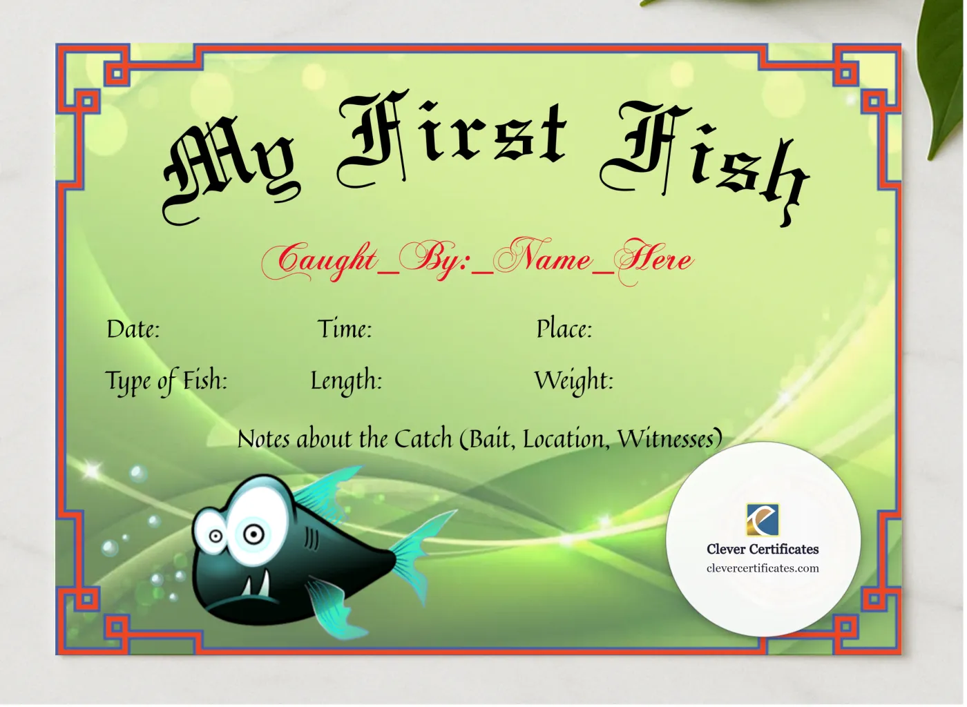 My First Fish Certificate presented in a sleek wooden frame, elegantly arranged on a stylish table.