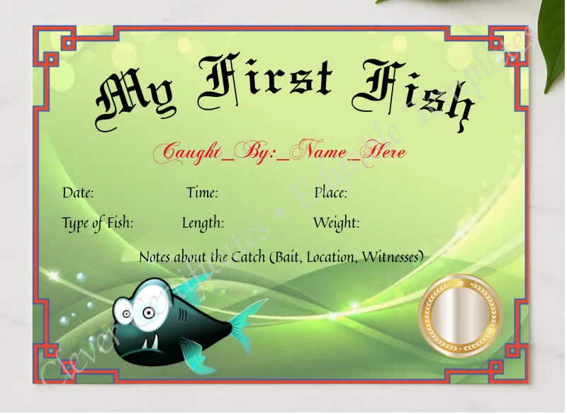My First Fish Certificate presented in a sleek wooden frame, elegantly arranged on a stylish table.