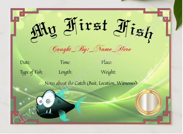My First Fish Certificate presented in a sleek wooden frame, elegantly arranged on a stylish table.