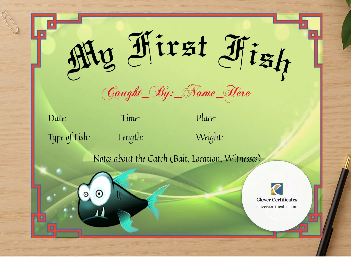 Professional preview of My First Fish Certificate certificate on high-quality stationery paper, ideal for showcasing the final look.