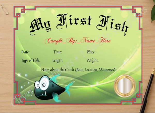 Professional preview of My First Fish Certificate certificate on high-quality stationery paper, ideal for showcasing the final look.