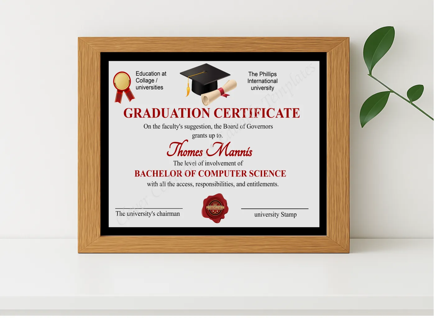 Realistic mockup featuring Editable Simple Graduation Certificate displayed within a modern frame, set against a minimalistic background.