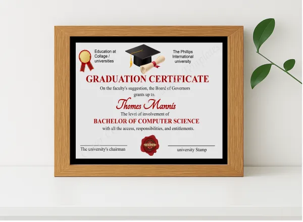 Realistic mockup featuring Editable Simple Graduation Certificate displayed within a modern frame, set against a minimalistic background.