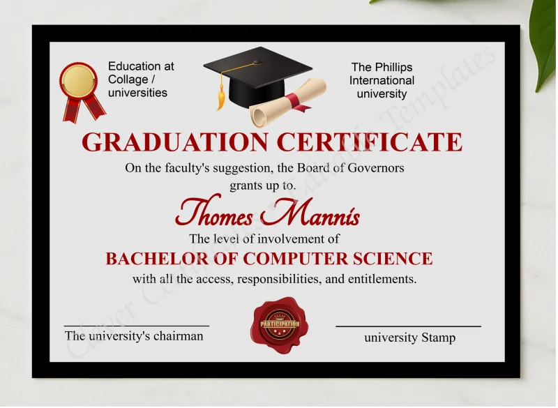 Editable Simple Graduation Certificate presented in a sleek wooden frame, elegantly arranged on a stylish table.