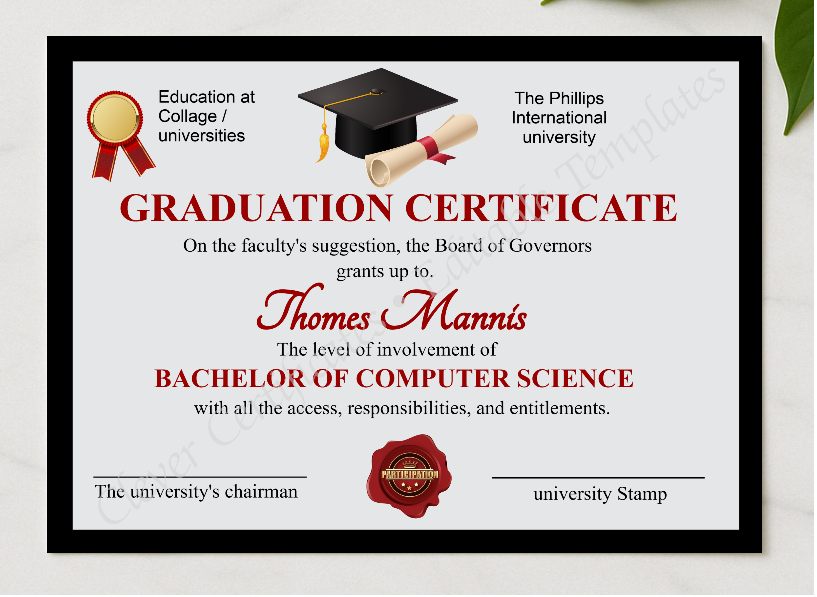 Editable Simple Graduation Certificate presented in a sleek wooden frame, elegantly arranged on a stylish table.