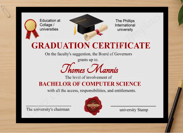 Professional preview of Editable Simple Graduation Certificate certificate on high-quality stationery paper, ideal for showcasing the final look.