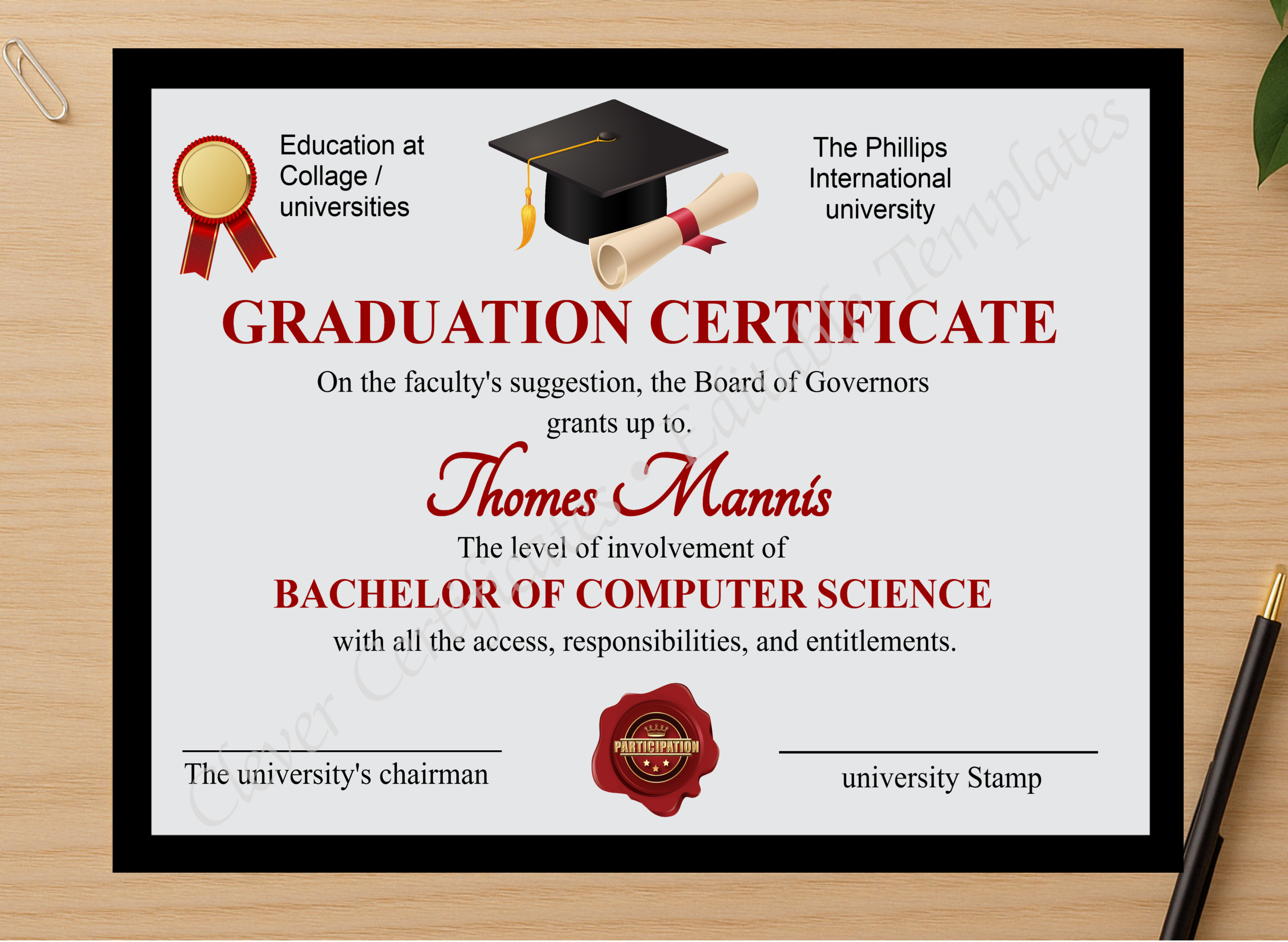 Professional preview of Editable Simple Graduation Certificate certificate on high-quality stationery paper, ideal for showcasing the final look.