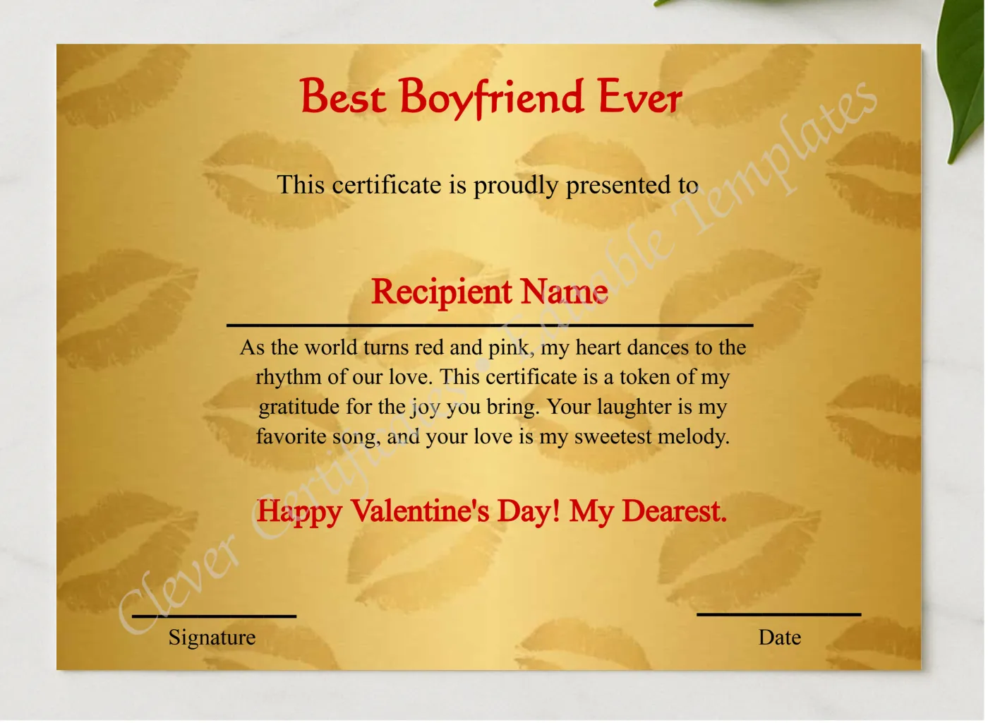 Editable Best Boyfriend Ever  presented in a sleek wooden frame, elegantly arranged on a stylish table.