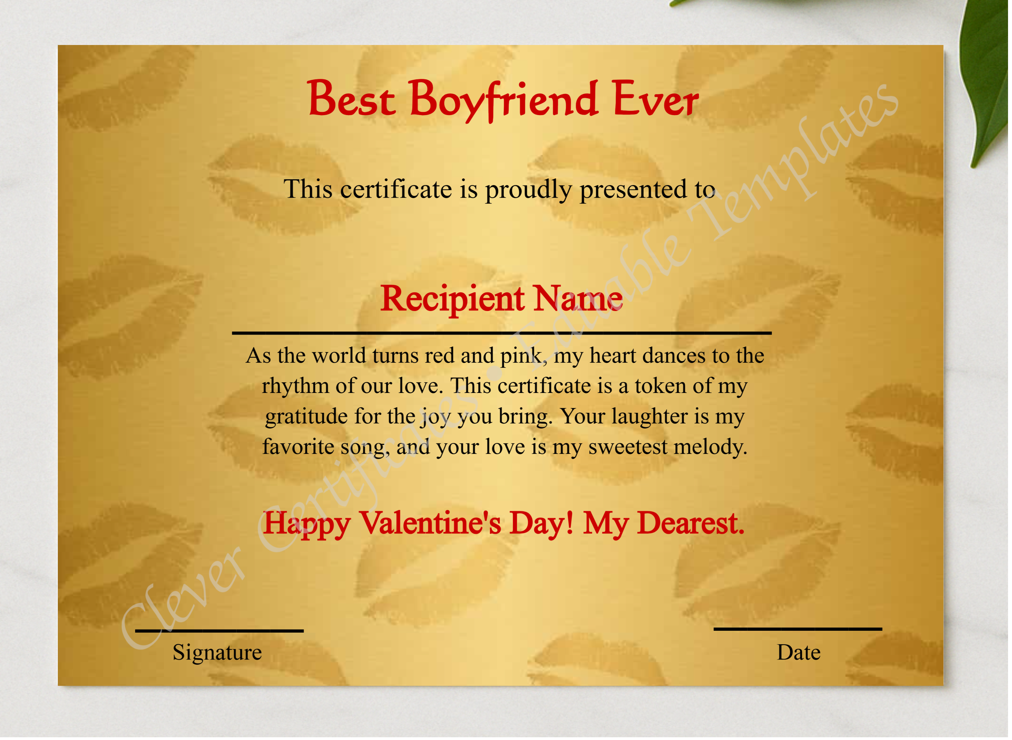 Editable Best Boyfriend Ever  presented in a sleek wooden frame, elegantly arranged on a stylish table.