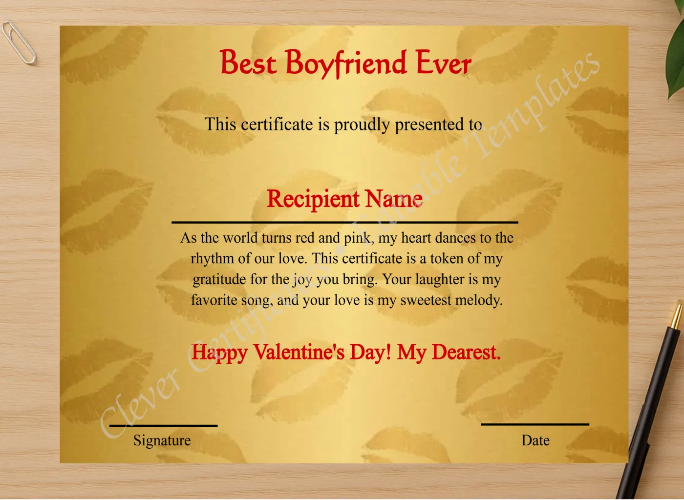 Professional preview of Editable Best Boyfriend Ever  certificate on high-quality stationery paper, ideal for showcasing the final look.