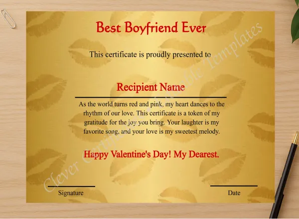 Professional preview of Editable Best Boyfriend Ever  certificate on high-quality stationery paper, ideal for showcasing the final look.