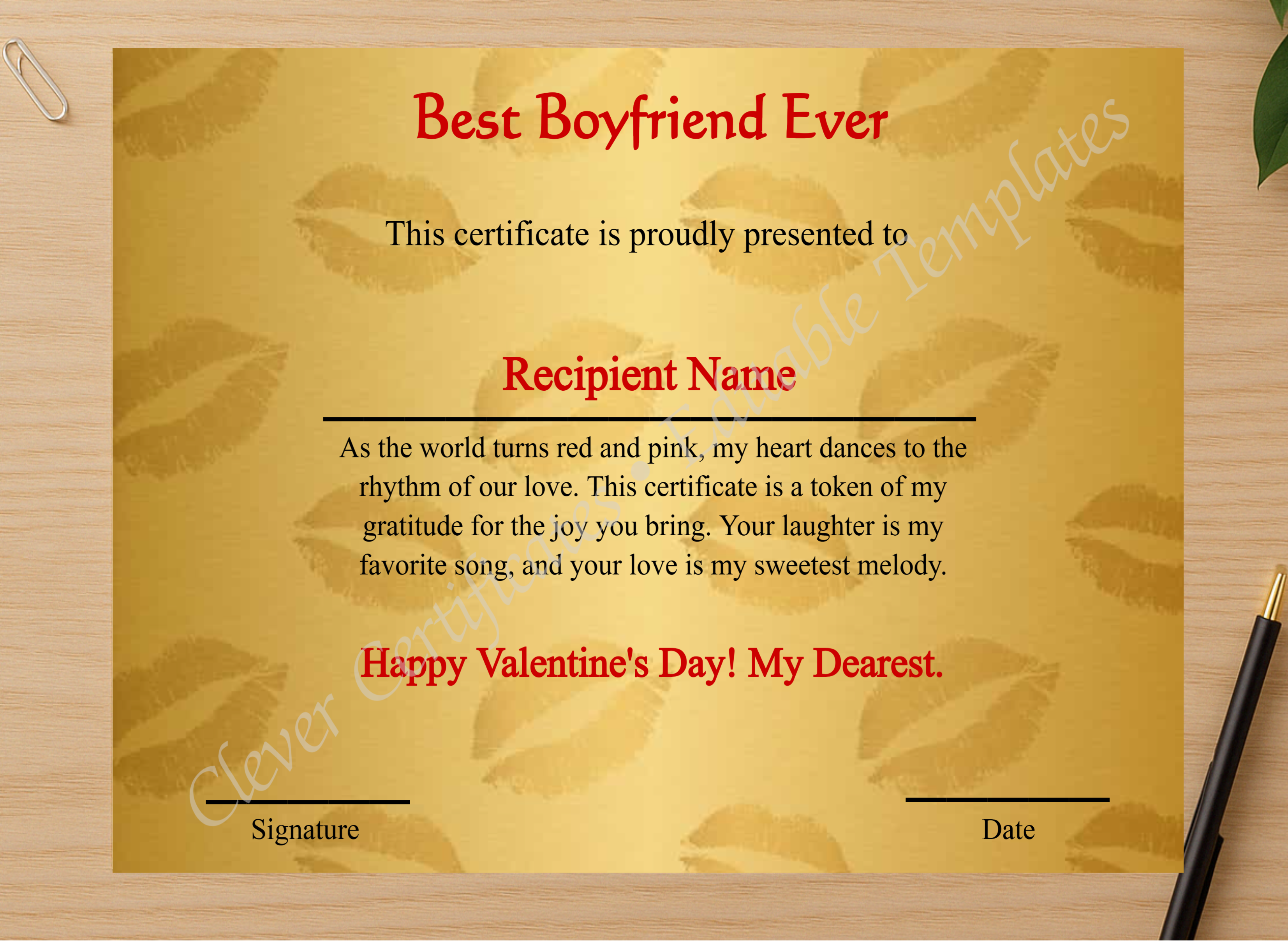 Professional preview of Editable Best Boyfriend Ever  certificate on high-quality stationery paper, ideal for showcasing the final look.