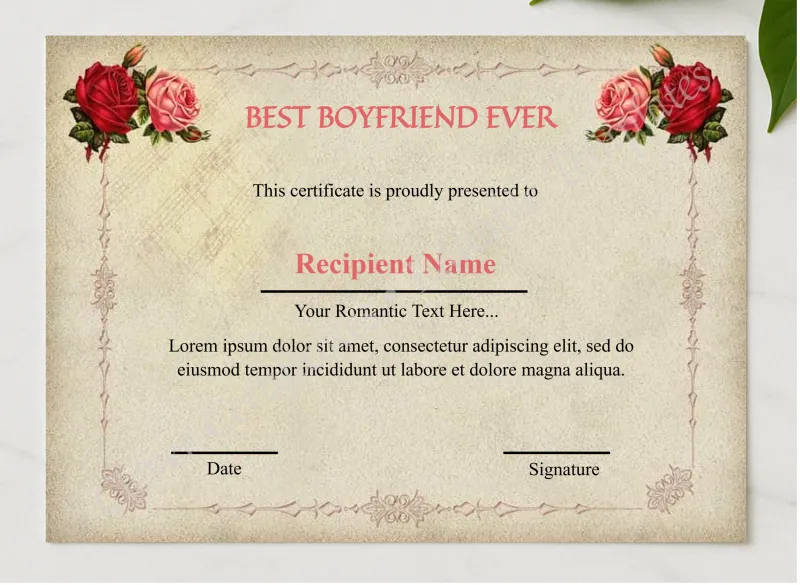 Printable Best Boyfriend Ever  presented in a sleek wooden frame, elegantly arranged on a stylish table.