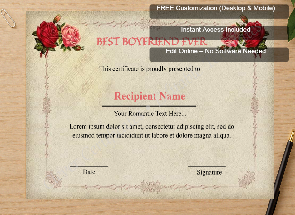 Zoomed preview with Free Editor badge stack for Printable Best Boyfriend Ever 