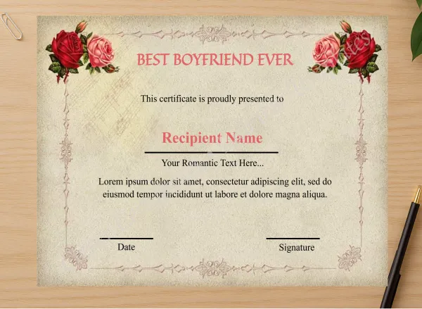Professional preview of Printable Best Boyfriend Ever  certificate on high-quality stationery paper, ideal for showcasing the final look.